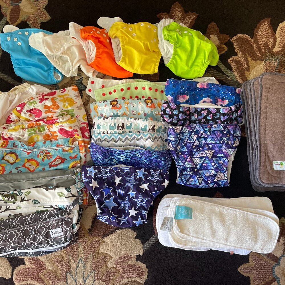 Cloth Diaper Lot - One Size Pocket Diapers w/ Inserts & Wet Bags